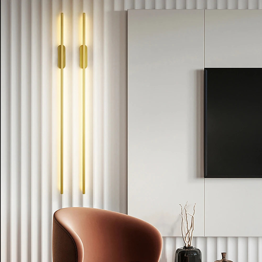 Gold Linear Wall Sconce: Dual White Shades, Hardwire Installation